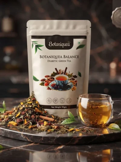 Botaniquea Balance Diabetic Green Tea pouch with a cup of green tea and loose herbal tea leaves