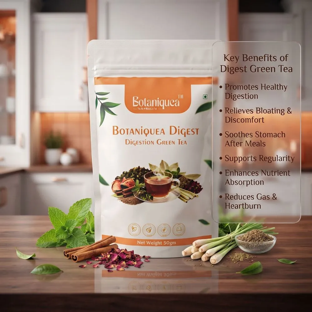 botaniquea-digest-digestion-green-tea-benefits Botaniquea Digest Digestion Green Tea pouch highlighting key health and digestion benefits