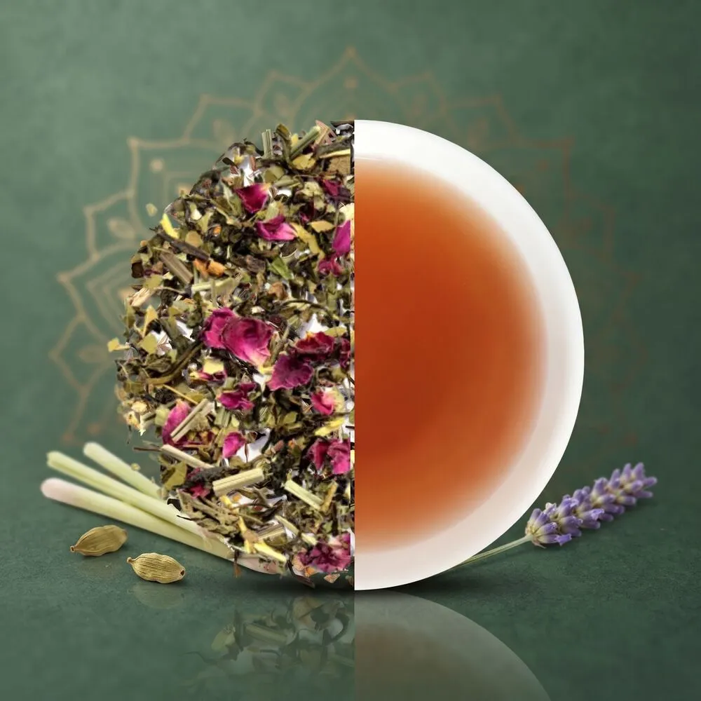 botaniquea-digest-digestion-green-tea-blend-close-up Close-up of Botaniquea Digest Digestion Green Tea dry herbal blend and brewed tea cup