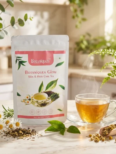 Botaniquea Glow Skin & Hair Care Tea 50g pouch next to a steaming glass cup of golden herbal tea, chamomile flowers and loose tea leaves.