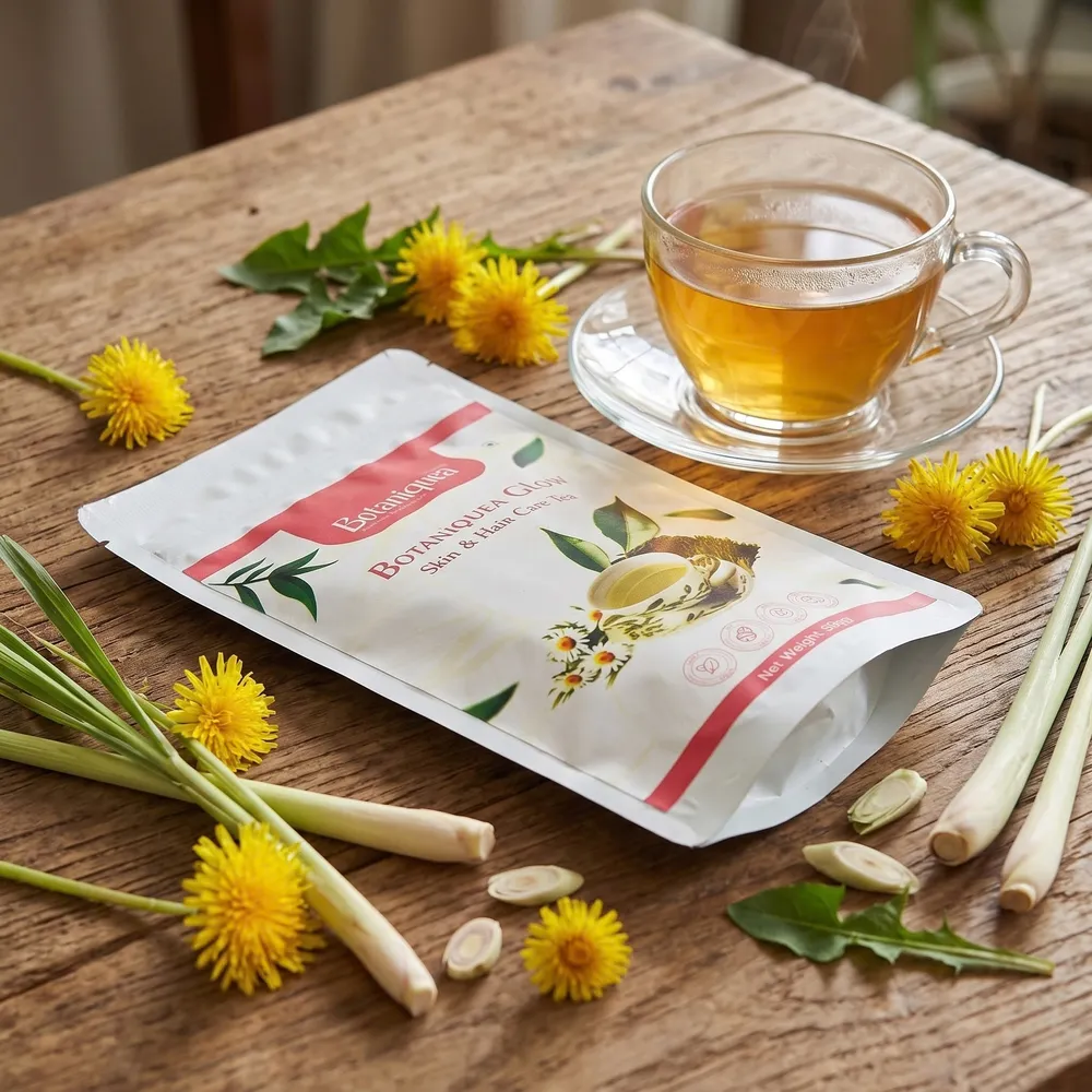 Botaniquea Glow Skin & Hair Care Tea – Freshly Brewed Herbal Tea Botaniquea Glow Skin & Hair Care Tea pouch beside a steaming glass cup of golden herbal tea, yellow flowers and botanical stems on a wooden table.