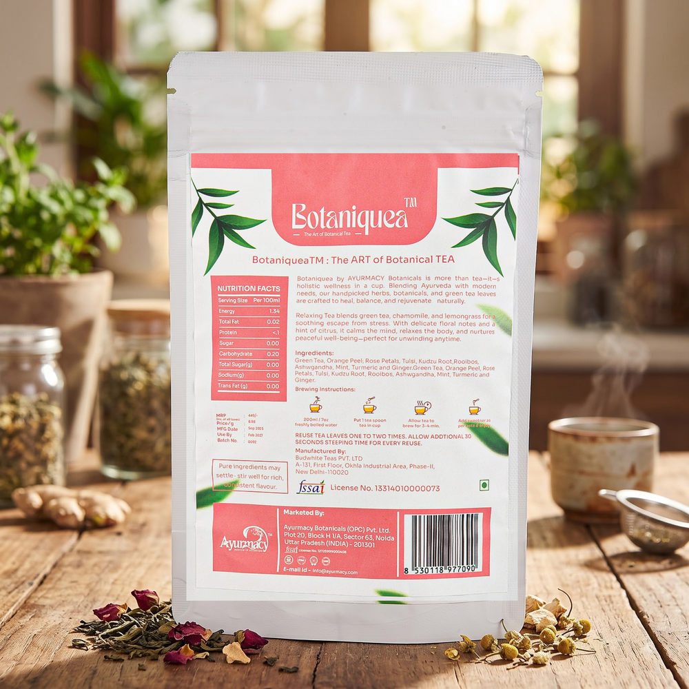 Botaniquea Glow Skin & Hair Care Tea 50g – Ingredients & Brewing Guide Back view of Botaniquea Glow Skin & Hair Care Tea 50g pouch displaying herbal ingredients, nutrition facts, brewing instructions and FSSAI details.
