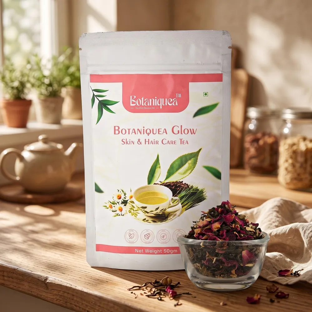 Botaniquea Glow Skin & Hair Care Tea 50g – Herbal Tea Blend Botaniquea Glow Skin & Hair Care Tea 50g pouch displayed with a glass bowl of dried herbal tea leaves and flower petals on a wooden table.
