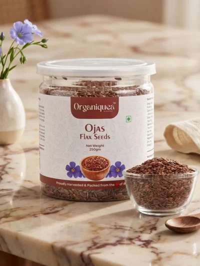 Organiquea Ojas Flax Seeds 250g jar with bowl of whole flax seeds