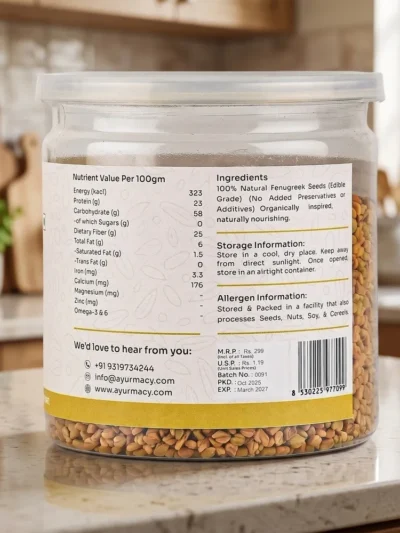 Nutrition label on Organiquea Satva Fenugreek Seeds 250g jar showing values per 100g, ingredients, storage instructions and allergen information.