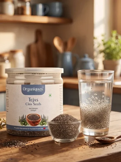 Organiquea Tejas Chia Seeds 250g jar with raw chia seeds in a glass bowl and soaked chia seeds in water